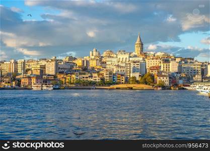 View of Galata Tower and Istanbul skyline in Istanbul, Turkey.
