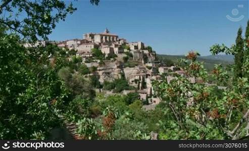 View of Gordes, famous village in the Luberon, Provence, southern France. Beautiful typical French town, monument and tourist attraction. Travel, holidays in Europe