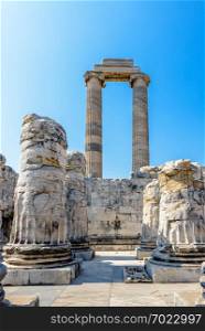 View of gorgeous marble column pillars at Temple of Apollo at Archeological area of Didim, Didyma, Aydin Province, Turkey, Europe.. Apollo Temple at Didyma in Didim,Aydin,Turkey.