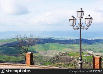 view of green sicilian hills in spring from Aidone town, Italy