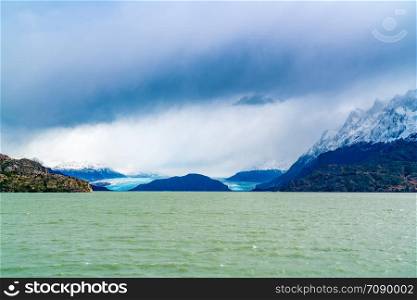 View of Grey Glacier and Grey Lake at Torres del Paine National Park in Southern Chilean Patagonia, Chile
