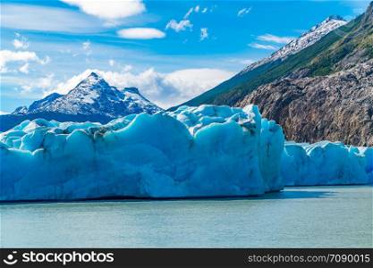 View of Grey Glacier Grey Lake and Snowy Mountain in Torres del Paine National Park in Chile