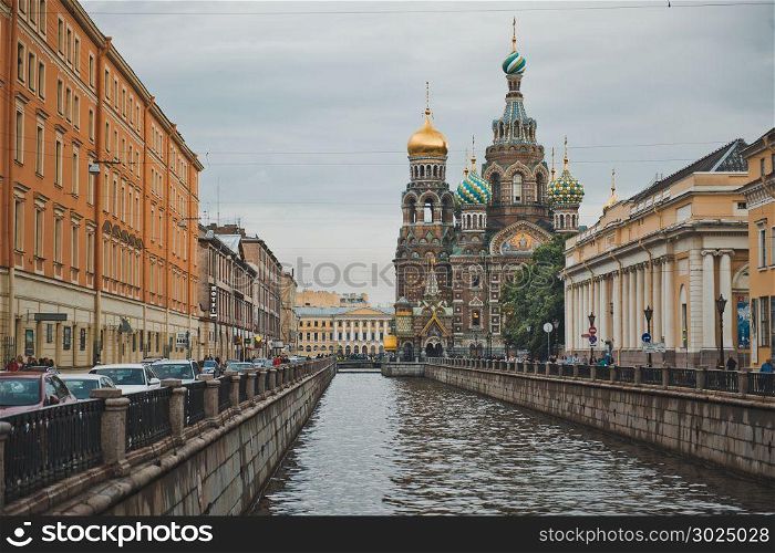 View of Griboedovs channel about the Resurrection Temple in the city of St. Petersburg.