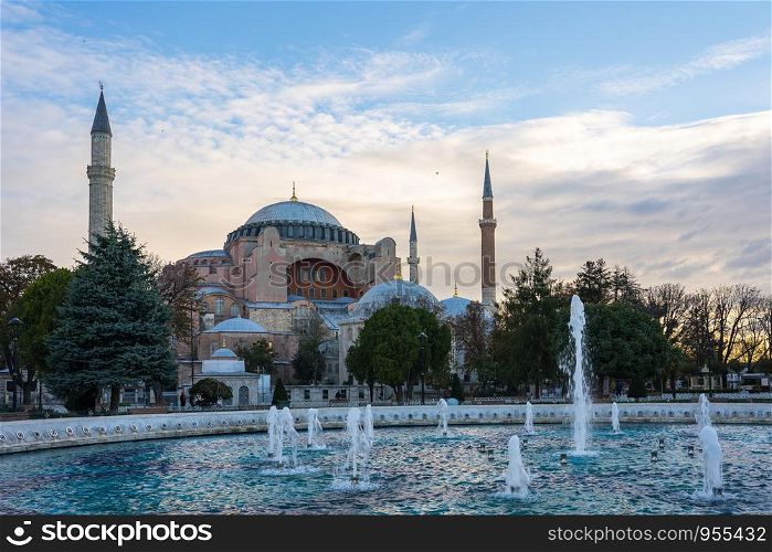 View of Hagia Sofia with fountain in Istanbul city, Turkey.