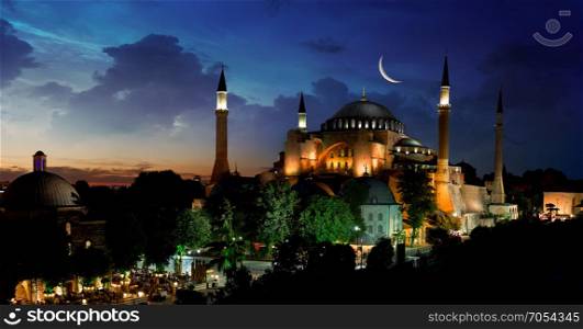 View of Hagia Sophia after sunset, Istanbul Turkey
