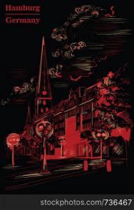 View of Hauptkirche St. Peter's Church in Hamburg, Germany. Landmark of Hamburg. Vector hand drawing illustration in red color isolated on black background.