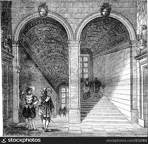 View of Henri II staircase at the Louvre, vintage engraved illustration. Magasin Pittoresque 1843.