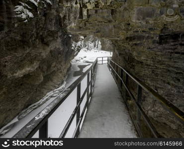 View of hiking trail in winter, Johnston Canyon, Banff National Park, Alberta, Canada