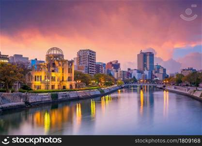 View of Hiroshima skyline with the atomic bomb dome in Japan. UNESCO World Heritage Site