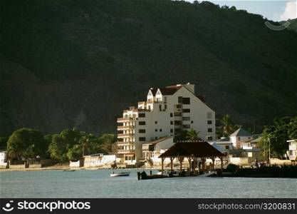 View of hotel on beach on the island of St. Maarten.