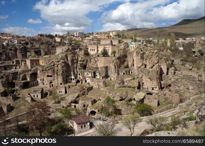 View of houses in Guzelurt in Cappadocia, Turkey