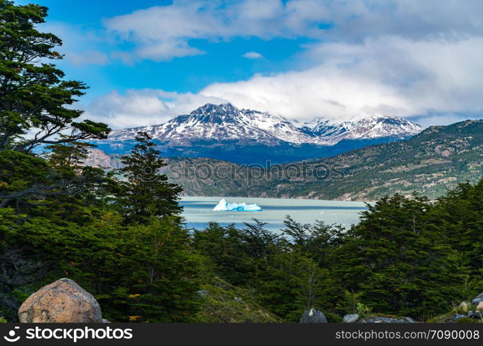 View of Iceberg floating in the Lake Grey at the Torres del Paine National Park in Southern Chilean Patagonia, Chile