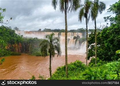 View of Iguazu Falls at the border of Argentina and Brazil before rain in rainy season