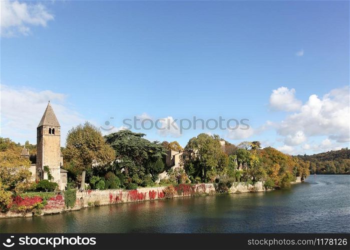 View of Ile Barbe and Saone river in Lyon, France