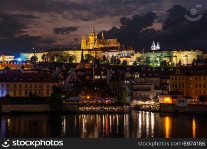 View of illuminated landmarks of Old Prague in evening