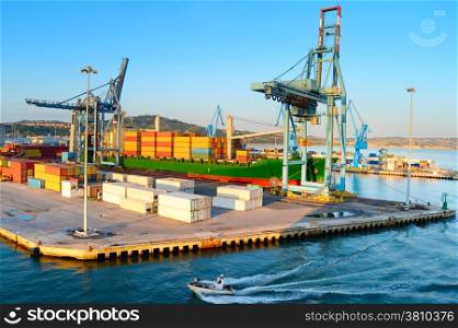 View of Industrial commercial port in the morning. Ancona, Italy