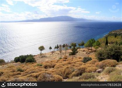 View of island Lesbos and strait Edermit from Assos, Turkey