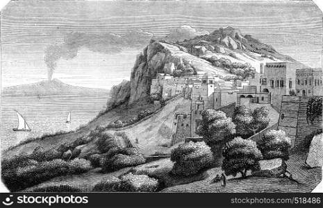 View of Island of Capri, taking the score looks Naple, vintage engraved illustration. Magasin Pittoresque 1845.