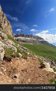 view of Italian Dolimites with Sella mountain over Pordoi pass
