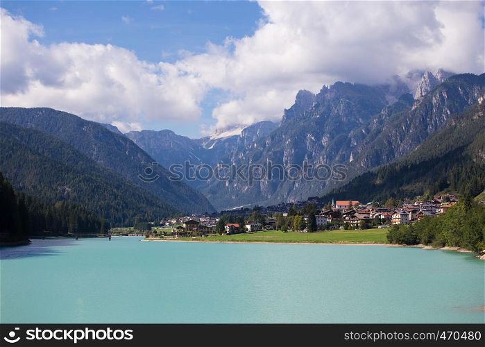 view of italian town Auronzo di Cadore on a lake Santa Caterina