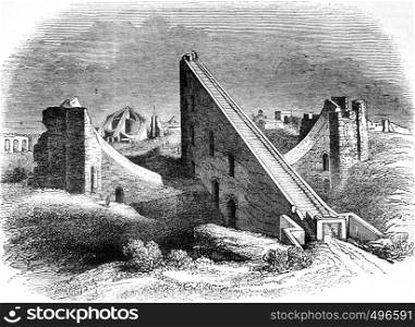 View of Jantar Mantar, or royal observatory in Delhi in Hindustan, vintage engraved illustration. Magasin Pittoresque 1841.