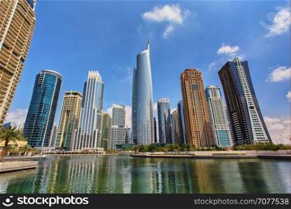 View of Jumeirah Lakes Towers skyscrapers. Dubai, UAE.