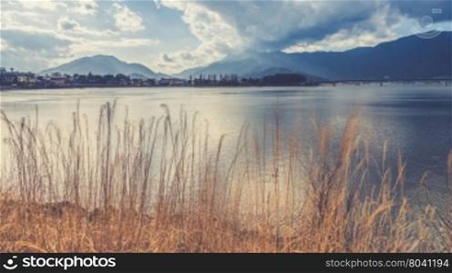 View of kawakuchiko lake, Japan. (Vintage filter effect used)