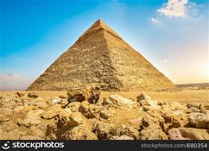 View of Khafre Pyramid in Giza desert at sunset, Egypt. Sunset and Pyramid