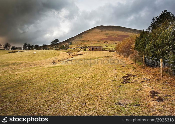 View of Kinder Scout from Edale footpath in Peak District National Park