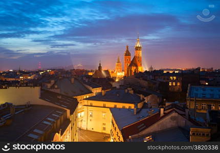 View of Krakow with St. Mary&rsquo;s Church at the Main Market Square