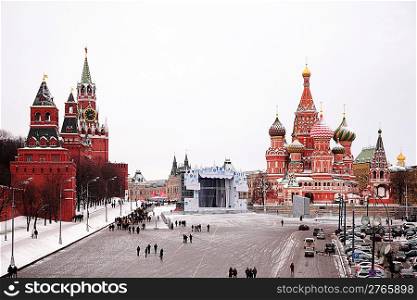 View of Kremlin and St. Basil&acute;s cathedral in winter