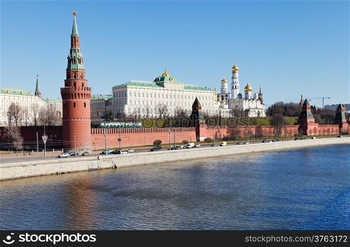 view of Kremlin, embankment, Moskva river in Moscow in spring day