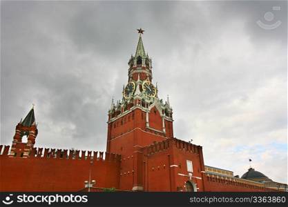 View of Kremlin in front of moody sky. Moscow, Russia