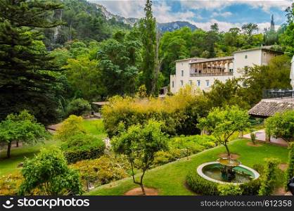 View of La Granja de Esporles the museum of tradition and history of Majorca, Museum retracing the cultural history of the region in 17th century manor house with restaurant and gardens. View of La Granja de Esporles the museum of tradition