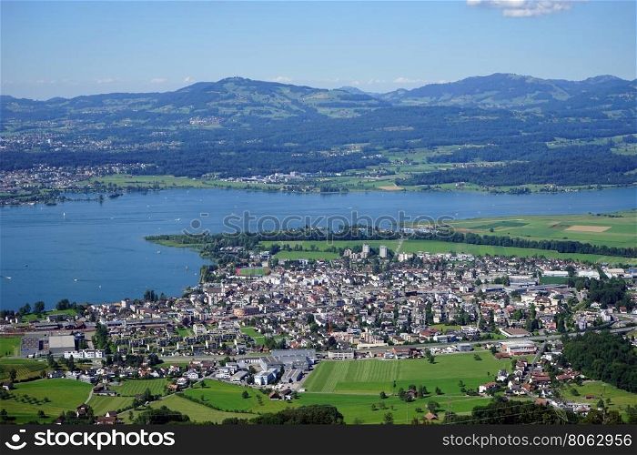 View of Lachen and lake Zurich in Switzerland