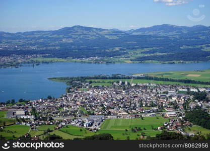 View of Lachen and lake Zurich in Switzerland