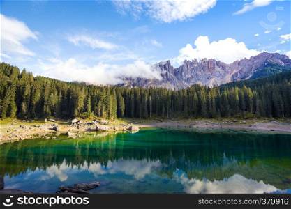 view of Lago di Carezza Dolomites Italy 