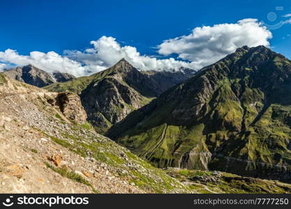 View of Lahaul valley from descend from Rohtang La pass. Himachal Pradesh, India. Lahaul valley in Himalayas. Himachal Pradesh, India