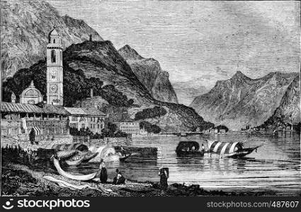 View of Lake Como in Lombardy, vintage engraved illustration. Magasin Pittoresque 1836.