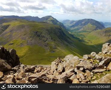 View of Lake District from the top of Great Gable in the English Lake District