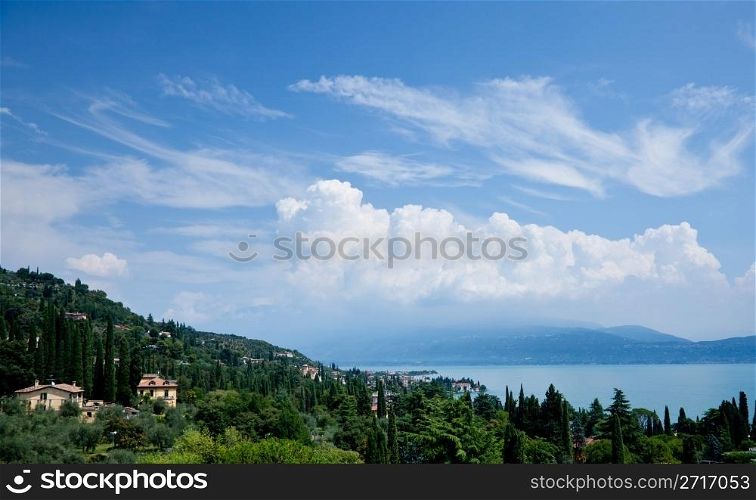 View of Lake Garda and Gardone from the hillside above the town