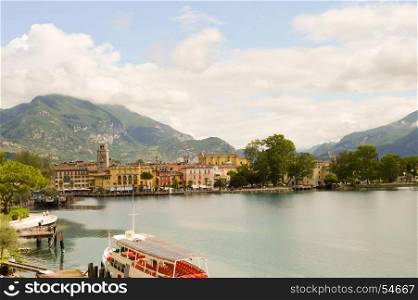 View of Lake Garda . View of Lake Garda and the city of Riva del Garda in Italy