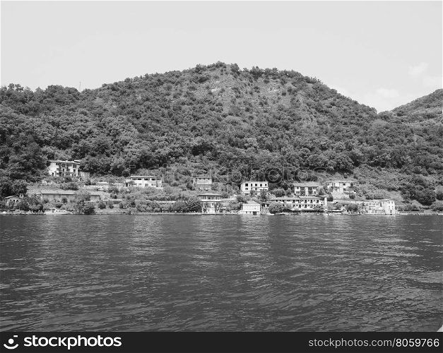 View of Lake Iseo. View of Lake Iseo mountains in Lombardy, Italy in black and white