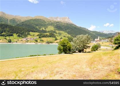 View of Lake Resia in northern Italy. View of Lake Resia in northern Italy, in the Trentino-Alto Adige region