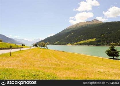 View of Lake Resia. View of Lake Resia in northern Italy, in the Trentino-Alto Adige region