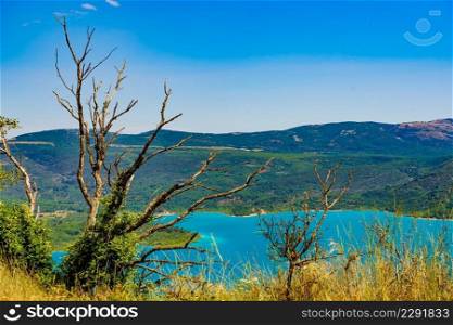 View of Lake Sainte Croix, Verdon Gorge in french Alps mountains, Provence France. Holidays trip.. Lake Sainte Croix in Verdon Gorge, France