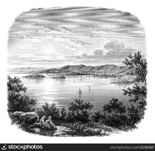 View of Lake Trasimeno, 12 km from Perugia, vintage engraved illustration. Magasin Pittoresque 1847.
