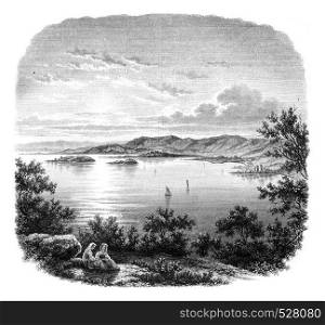 View of Lake Trasimeno, 12 km from Perugia, vintage engraved illustration. Magasin Pittoresque 1847.