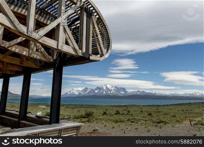 View of lake with mountains from Tierra Patagonia Hotel &amp; Spa, Torres del Paine National Park, Patagonia, Chile