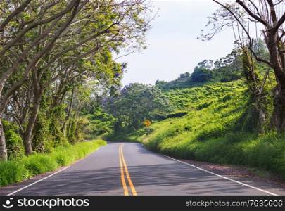 View of landscape along Piilani Highway in Maui, Hawaiian islands.